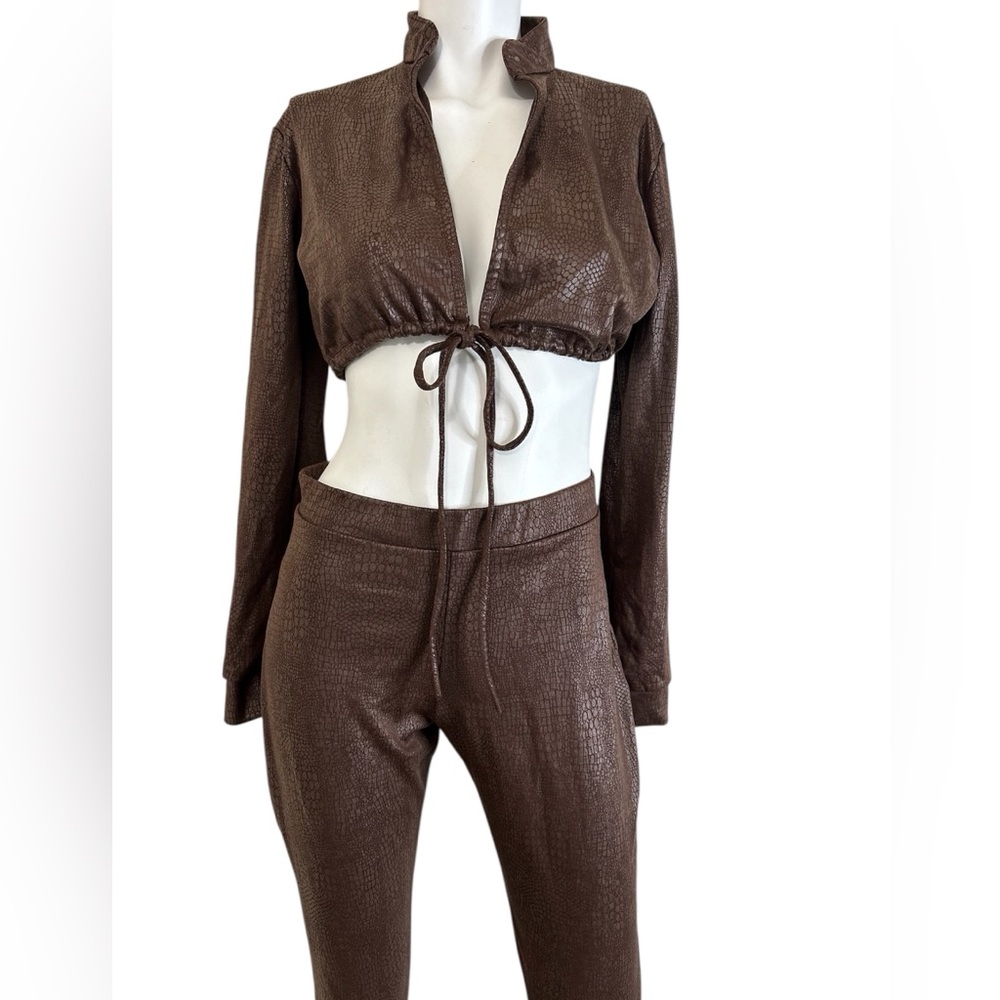 Brown 2 piece Faux Leather Leopard Set